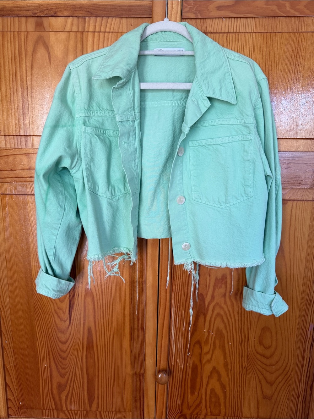 Zara Mint Green Cropped Denim Jacket with Raw Hem